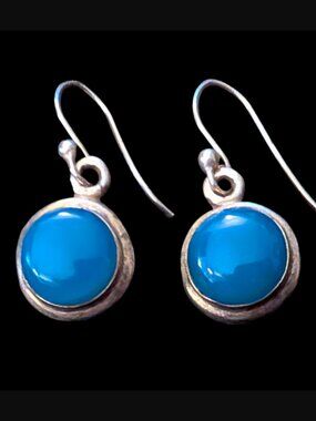 925 Sterling Silver Blue Chalcedony Round Drop Dangle Wire Hook 1.2" Earrings